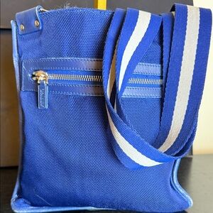 Bally Blue Nylon Canvas Leather Flat Crossbody Messenger Bag Blue White